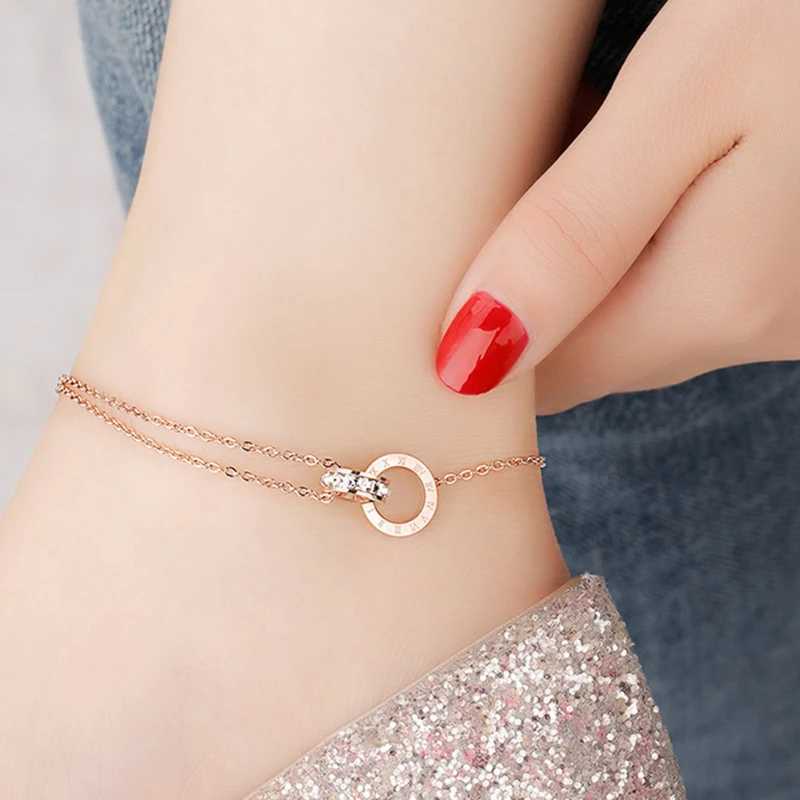 Double Circle Anklet for Women Roman Numerals Rose Gold Color Titanium Steel Fashion Jewelry (A001) W250604