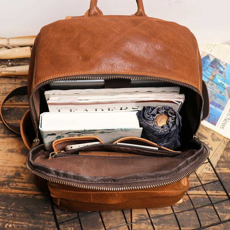 Vintage Men and Ladies Outdoor Travel Backpack School Book Cowhide Backpack Brown Zipper 14 Inch Computer Notebook Bag W250603