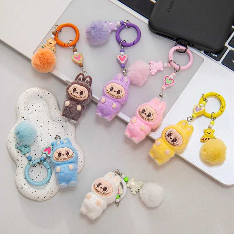 New Arrival Sitting Labubu Keychain Mini Flocking Labubu Key Chain Kawaii Cell Phone Charm Ornaments Cute Rabbit Keyring Gift U250604