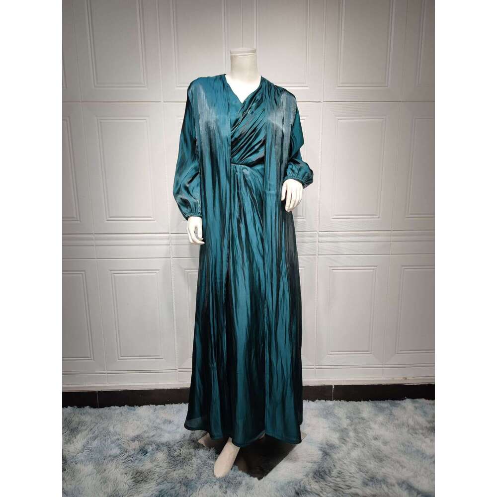 Mq056 Modest Shiny Silk Dress Dubai Turkish Robe Fashion Abaya Soft Two-Piece Set B5