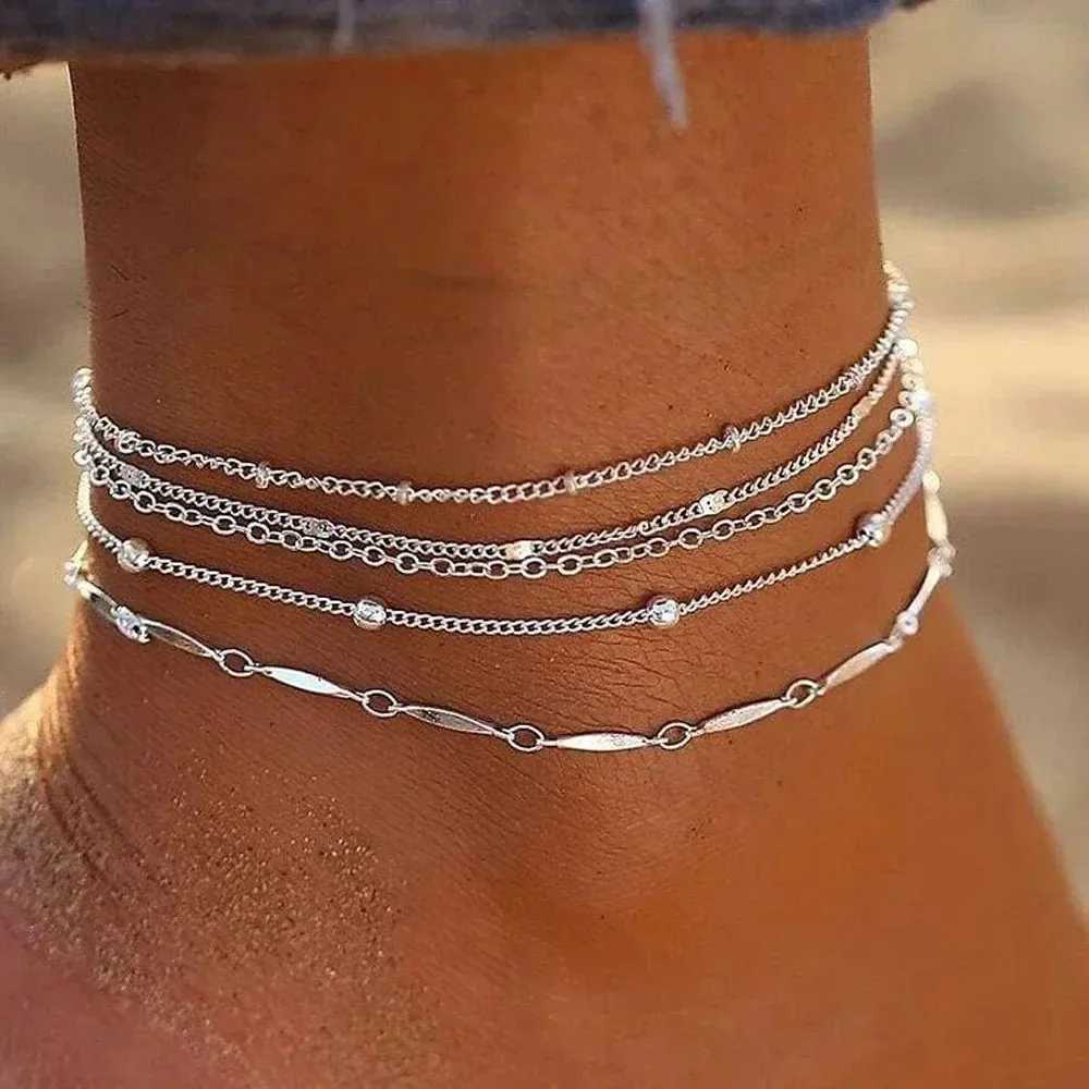 Layers Leaves and Beaded Cuban Chains. A Set of Summer Beach Anklets for Women Girls Shiny Anklets with Jewelry W250604