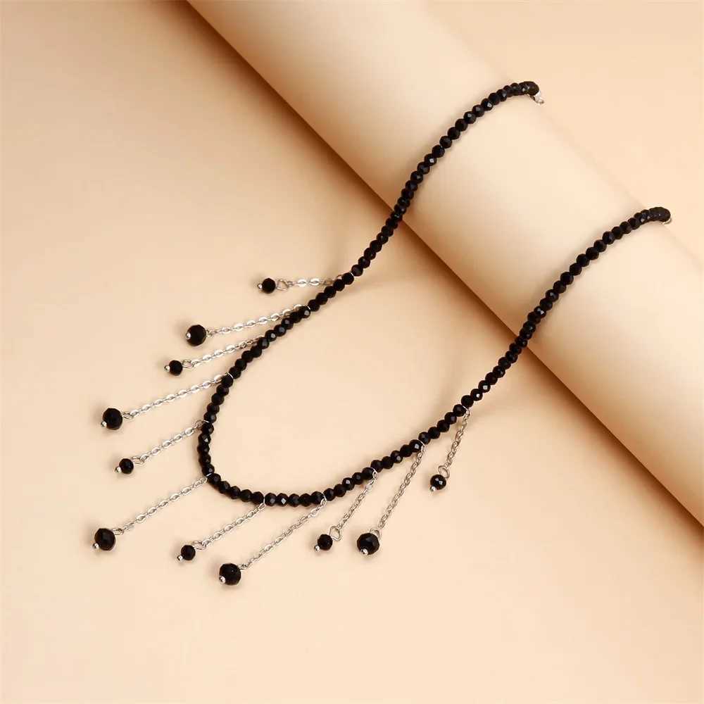 Fashion Vintage Black Bead Chain Silver Plated Metal Tassel Pendant Necklace For Women Female Boho Simple Choker Jewelry GiftXJ250604