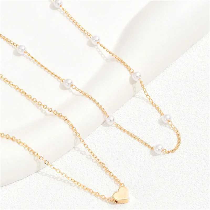 Simple Pearl Choker Necklaces for Women Fashion Double Layer Chain Small Love Heart Pendant Necklace Jewelry Gift Wholesale XJ250604