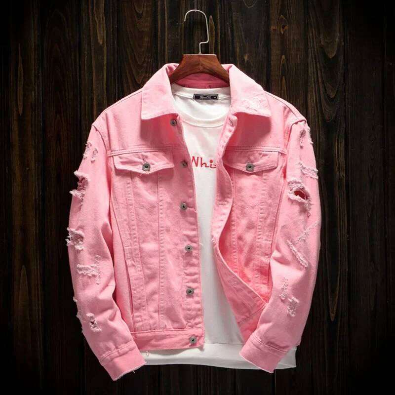 Pink Coats, New Spring and Autumn, Jena with Holes Distressed Denim Jackets for Men, Size 4XL