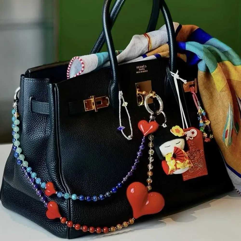 Colorful Beads Hanging Chain Bag Charm Women Y2K Accessories Red Love Heart Bag Charms Chain Pendant Decor Fashion Lady Jewelry W250604