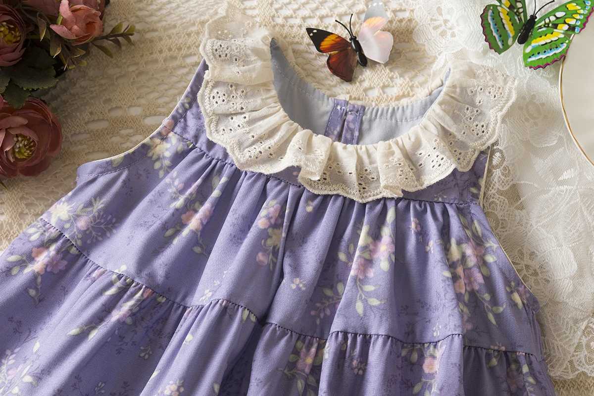 Baby Girl Korean Style Dress Lace Doll Collar Purple Floral Print Sleeveless Dress Summer Elegant Girl Party Dress R250530