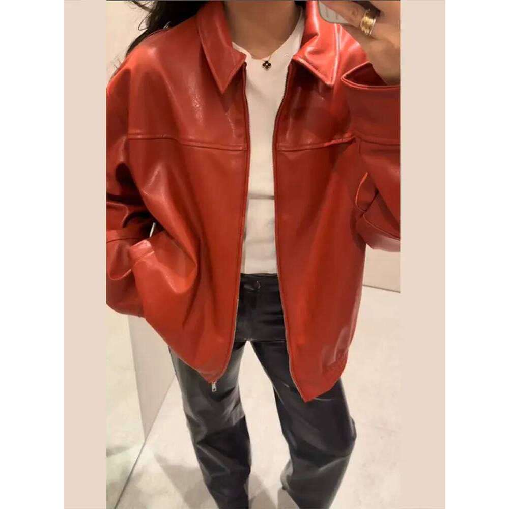 Vintage Pu Leather Women's Jackets With Zipper Casual Loose Lapel Full Sleeve Pockets Female Coat High Street Lady Outerwears