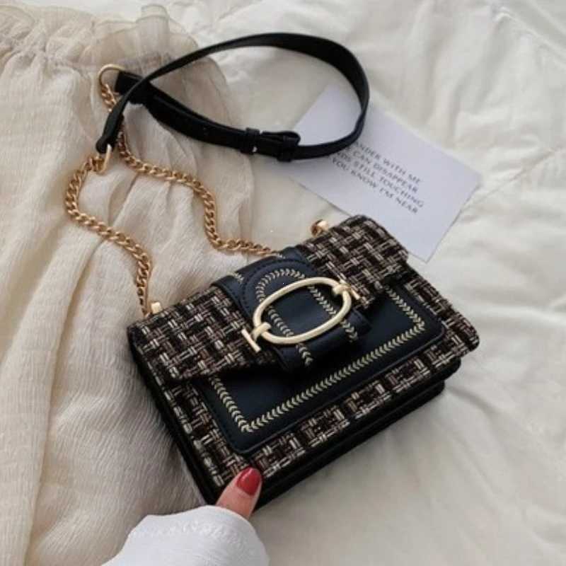 Chic Mini Plaid Tweed Crossbody Bag with Adjustable Strap Fashionable Buckle Closure - Available in Cream Green Blue Black XJ250604