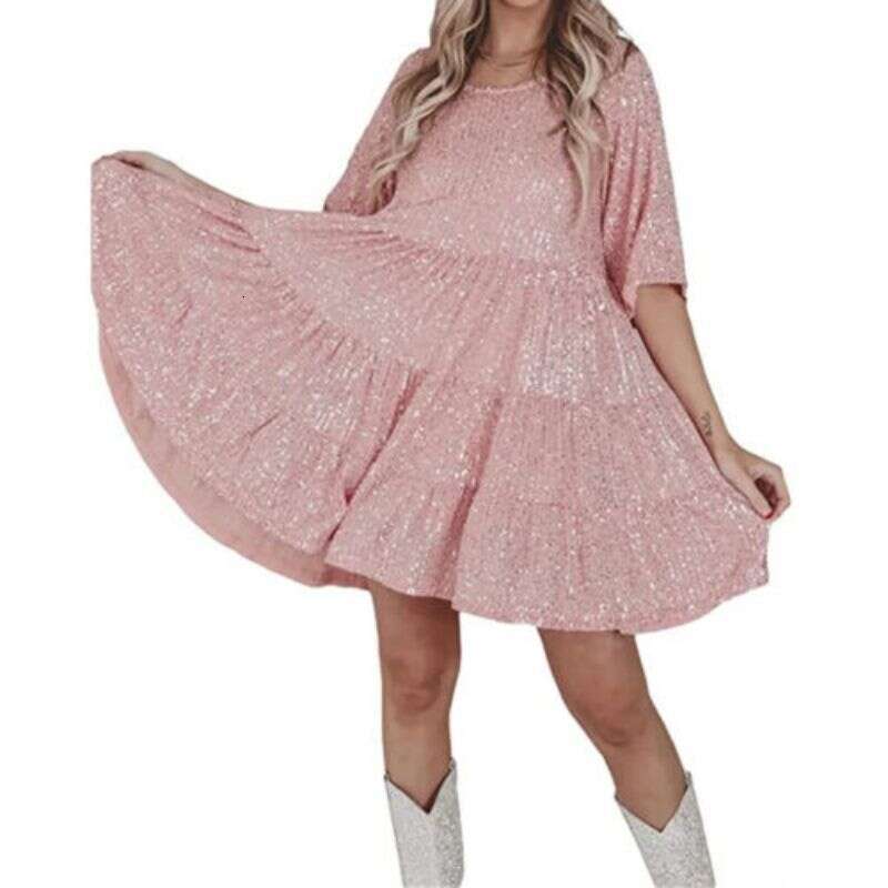 Spring Summer European and American Sequin Short Sleeve Round Neck Ruffle Loose Dress 2025 Elegant Versatile New Trendy Fashion Ins