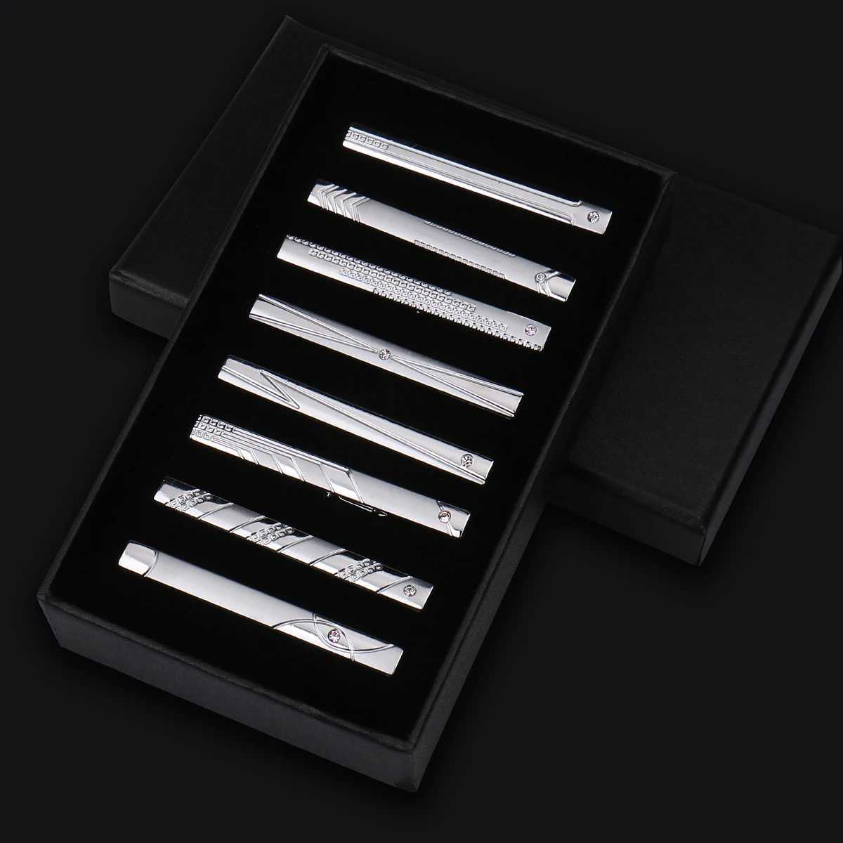 8pcs Tie Clips Metal Diamond With Box For Men Wedding Mens Necktie Clips Set Chrome Stainless Steel Jewelry Gentleman Ties Pin W250604