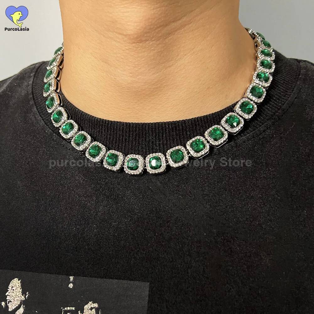 NEW Green Necklace for Men Women 12mm Tennis Chain Cuban Link Hip Hop Square Bling AAA Rhinestones Glass Jewelry