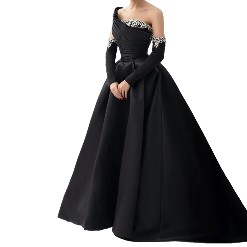 Rhinestones Beaded One Shoulder Gala Prom Dresses A-Line Black Satin Evening Gown With Removable Sleeves Formal Occasion Dress For Women