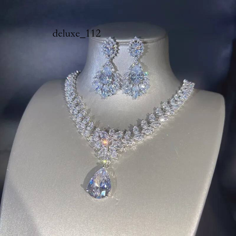 2024 Ins Top Sell Wedding Set Jewelry White Gold Fill Water Drop 5A Cubic Zircon CZ Dia Dangle Earring Flower Necklace Gift