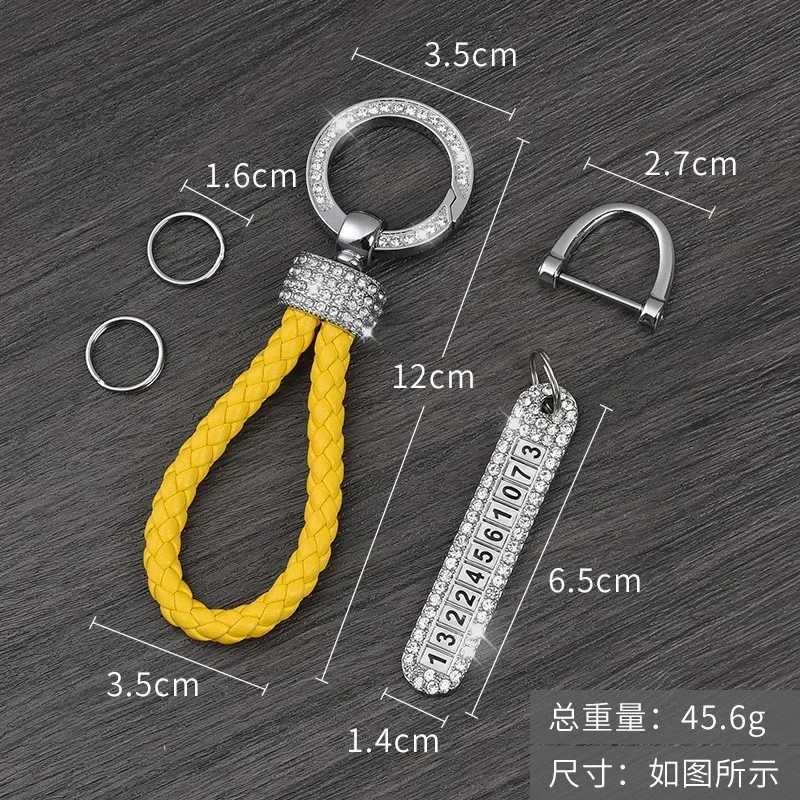 Fashion Personalized Handmade Rhinestone Keychain with Phone Number Tag Leather Keyring Crystal Anti-lost Design Accessories M250604