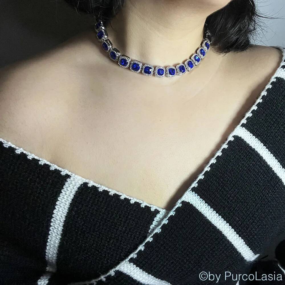 Fashion Royal Blue Women Men Tennis Cuban Chain Necklace Link Hip Hop Square Bling AAA Rhinestone Glass Jewelry