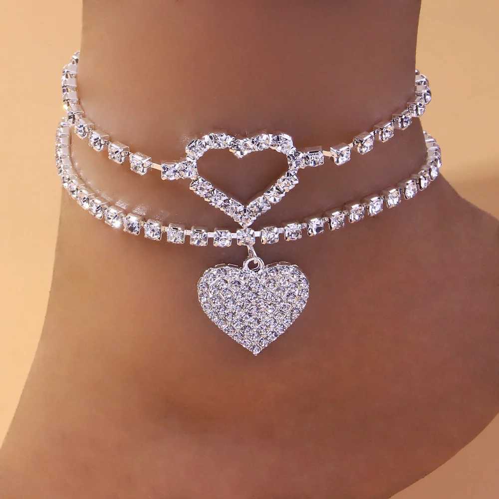 Stonefans 2Pcs/Set Bohemian Women Rhinestone Heart Anklets Foot Bracelet Summer Beach Chain Love Pendant Ankle Bracelet Jewelry W250604