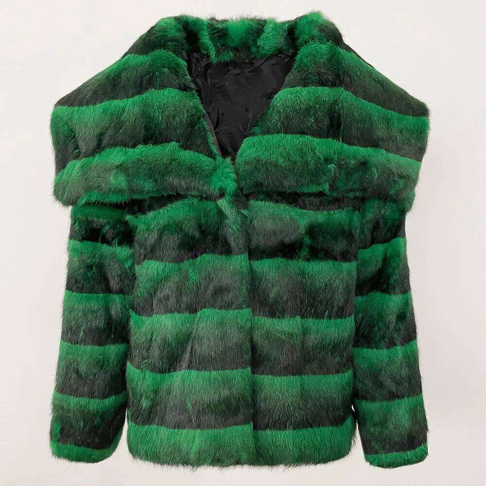 MENINA 2025 New Real Natural Rabbit Long Fur Stripe Winter Jacket Women Thick Warm Elegant Outerwear Streetwear Loose Coat