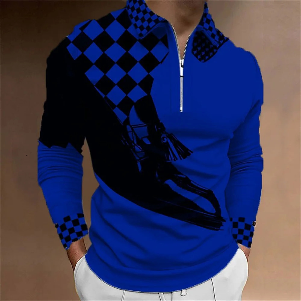 Mens Polo Shirt Golf Plaid Prints 3D Print Street Long Sleeve Zipper Clothing Apparel Sports Fashion Streetwear 250604Z