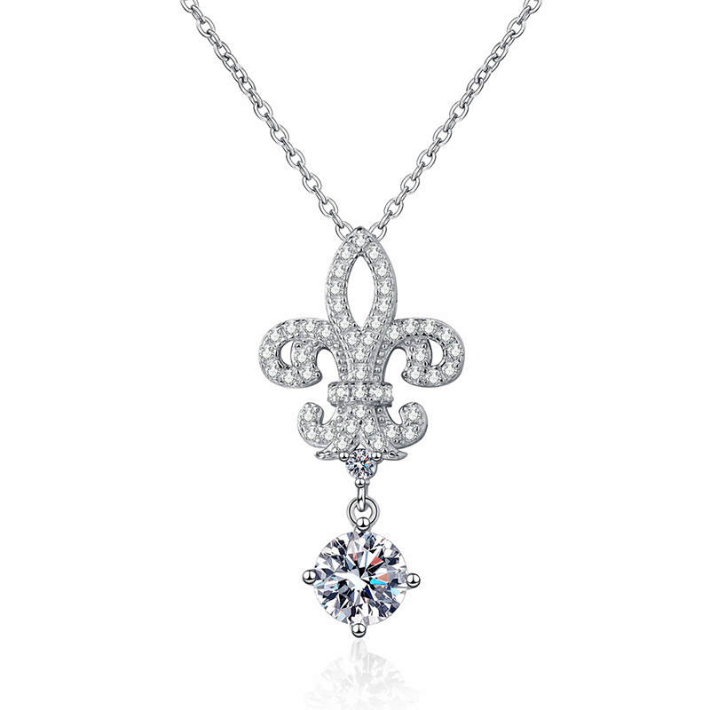 S925 Sterling Silver Moissanite Necklace with 1ct D-Color Moissanite, Crown and Iris Flower Design, Elegant and Timeless Pendant for Women