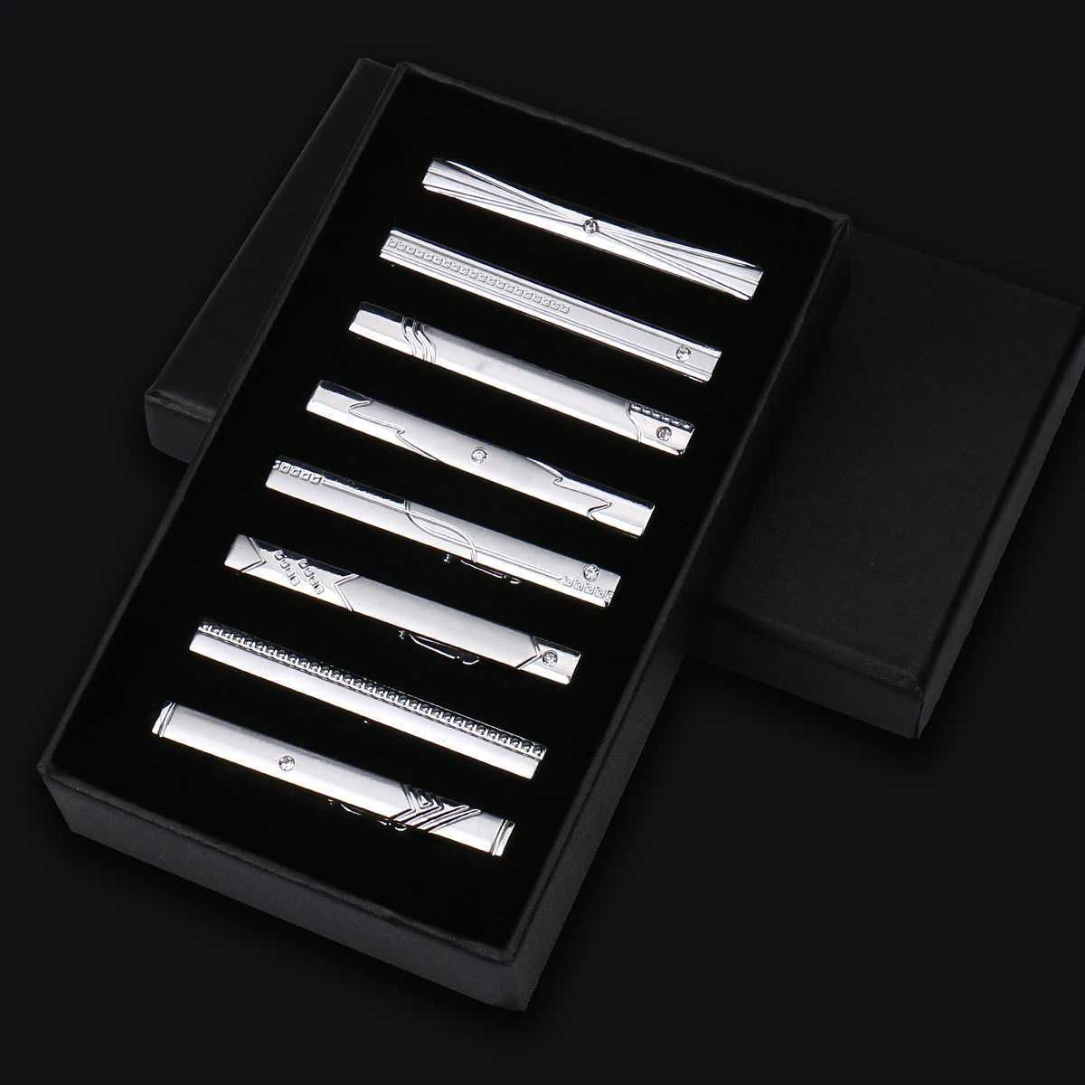 8pcs Tie Clips Metal Diamond With Box For Men Wedding Mens Necktie Clips Set Chrome Stainless Steel Jewelry Gentleman Ties Pin W250604