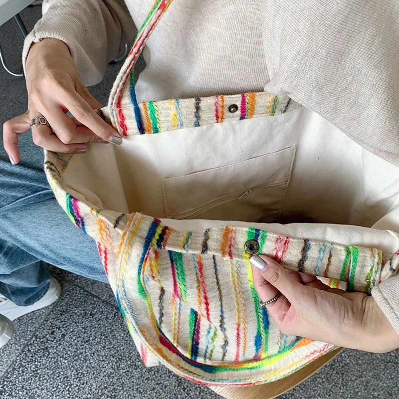 JIOMAY Handbags for Women 2024 er Beach Bag Casual with Buckle Cute Tote Bags Stripes Shopper Rainbow Canvas Shoulder Bag 250603