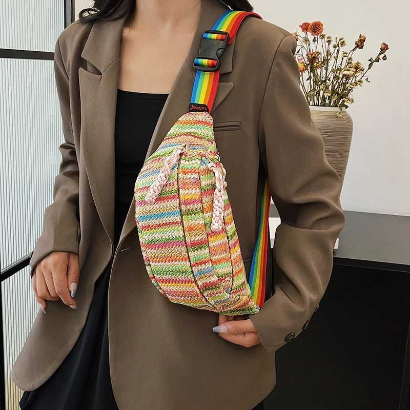 Elegance Lady Fanny Pack Hand Woven Waist Bag Summer Female Belt Bags Rainbow Stripes Crossbody Chest Pack Designer Banana PacksW250604