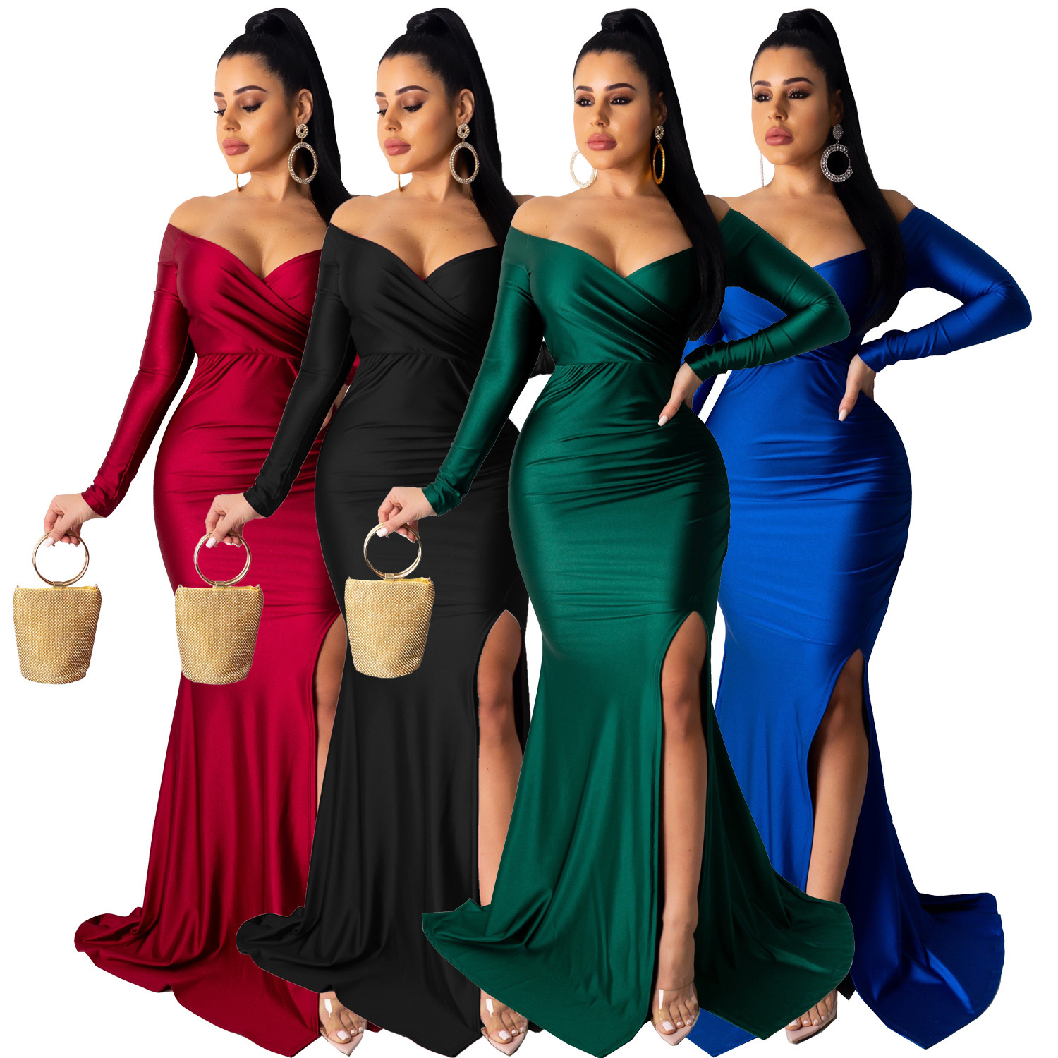 Tianmei Plus Size long sleeve floor length prom dress Sparkly sequins even Dresses side split sexy Mermaid Evening Gowns african Elegant Off Shoulder