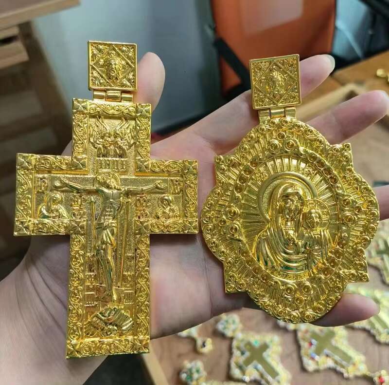 ZD057 Luxury Orthodox Greek Design Alloy Carved Pectoral Cross Necklace for Priests Gift with Gold Silver Plating