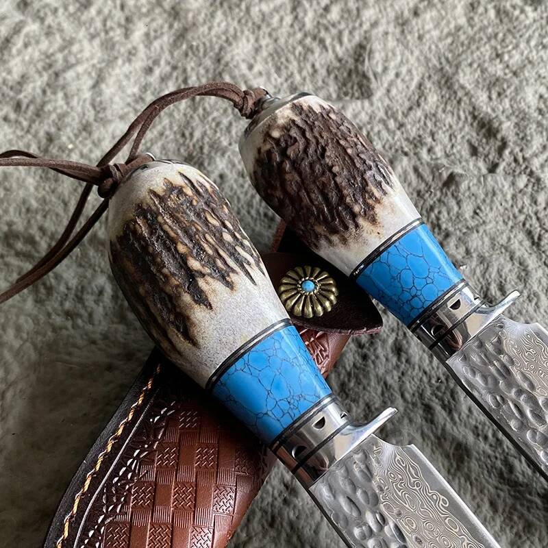 Household Damascus steel Sharp Blade Kitchen Deer Antlers + Turquoise Handle Fixed Knife Hand Tools Outdoor Camping