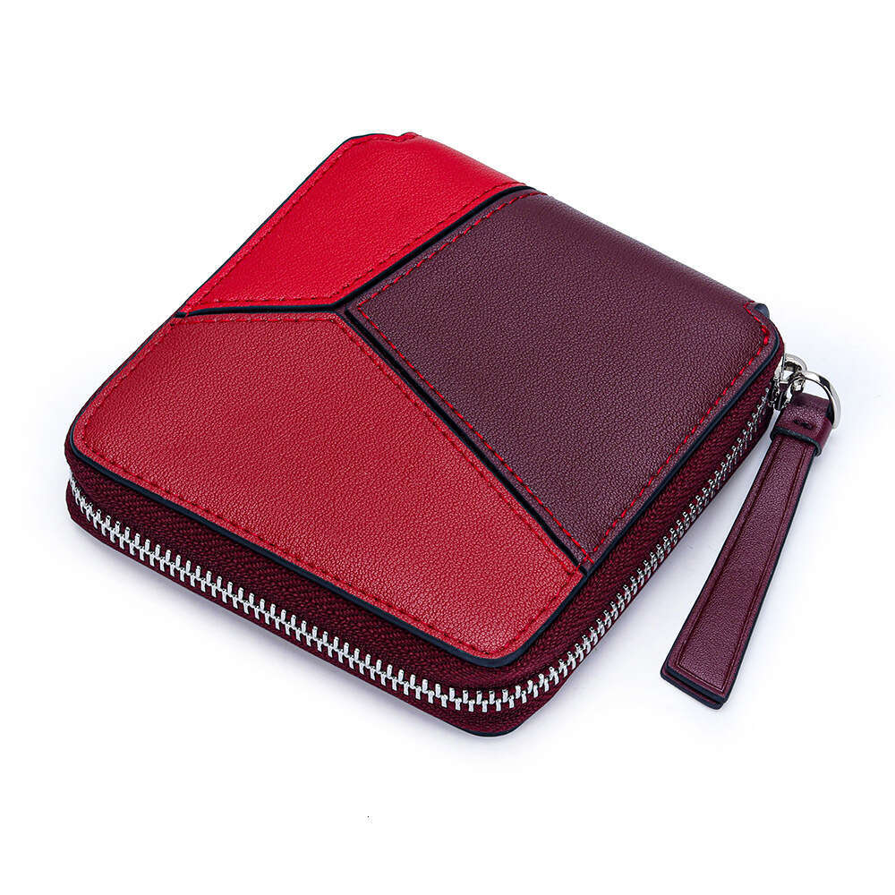 Genuine Leather Patchwork Color-Block Short New Large Capacity Multi-Card Slot Zipper Wallet Cowhide Coin Purse for Women