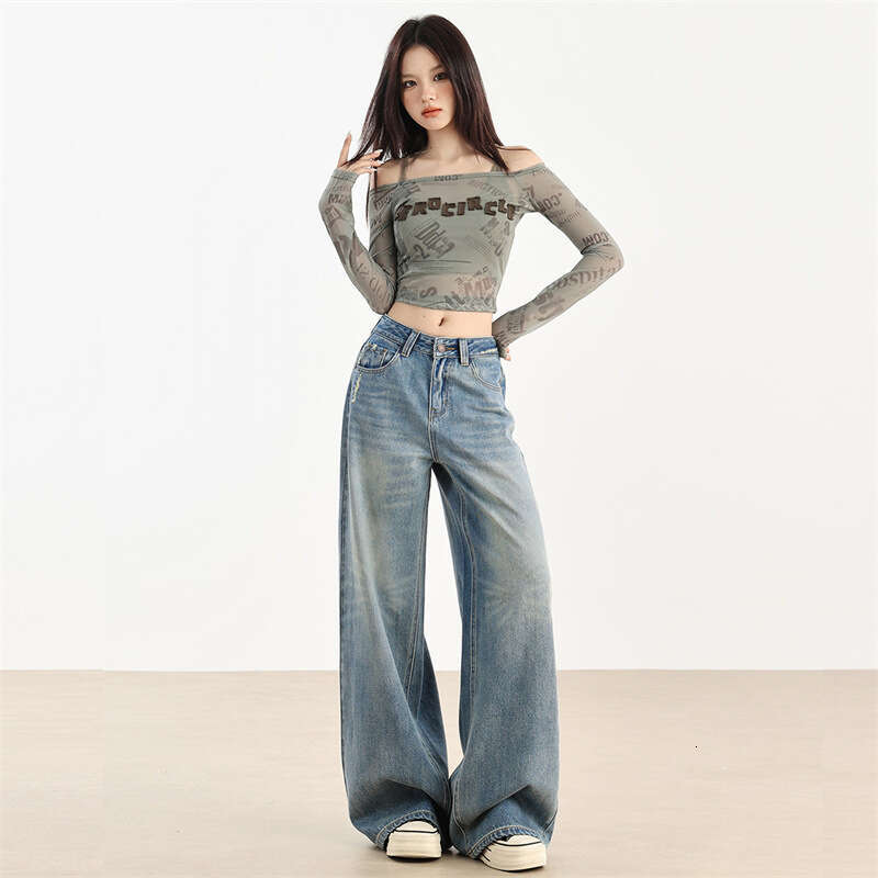 American Style Light Blue Wide-Leg Jeans For Women, Autumn New Design, High Waist, Slimming, Draped, Floor-Length Pants B5