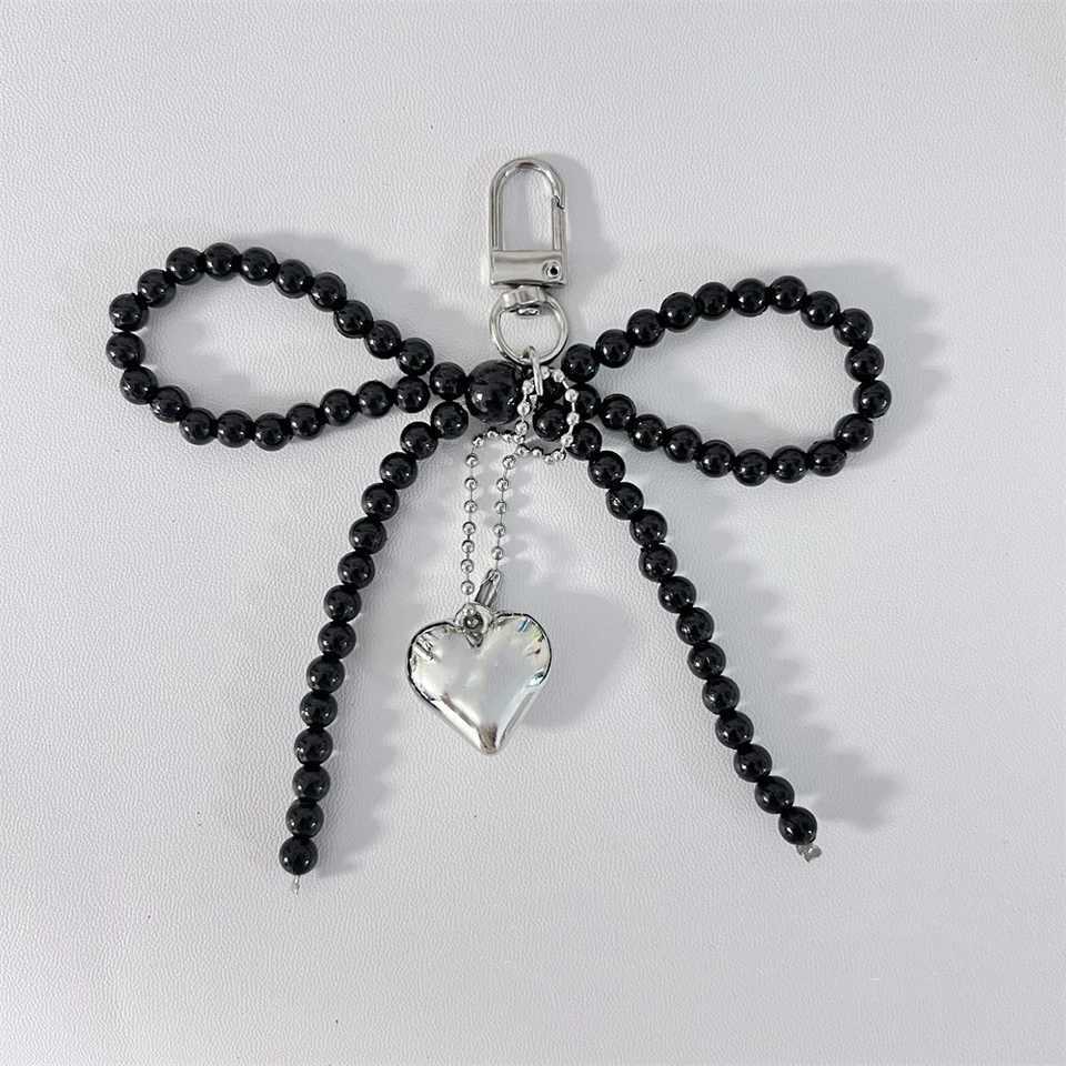 Bowknot Heart Bag Pendant Keychain Beaded Keyring White Pearl Bow Keychain Decoration For Bags Phones Car Korean Accessories W250604