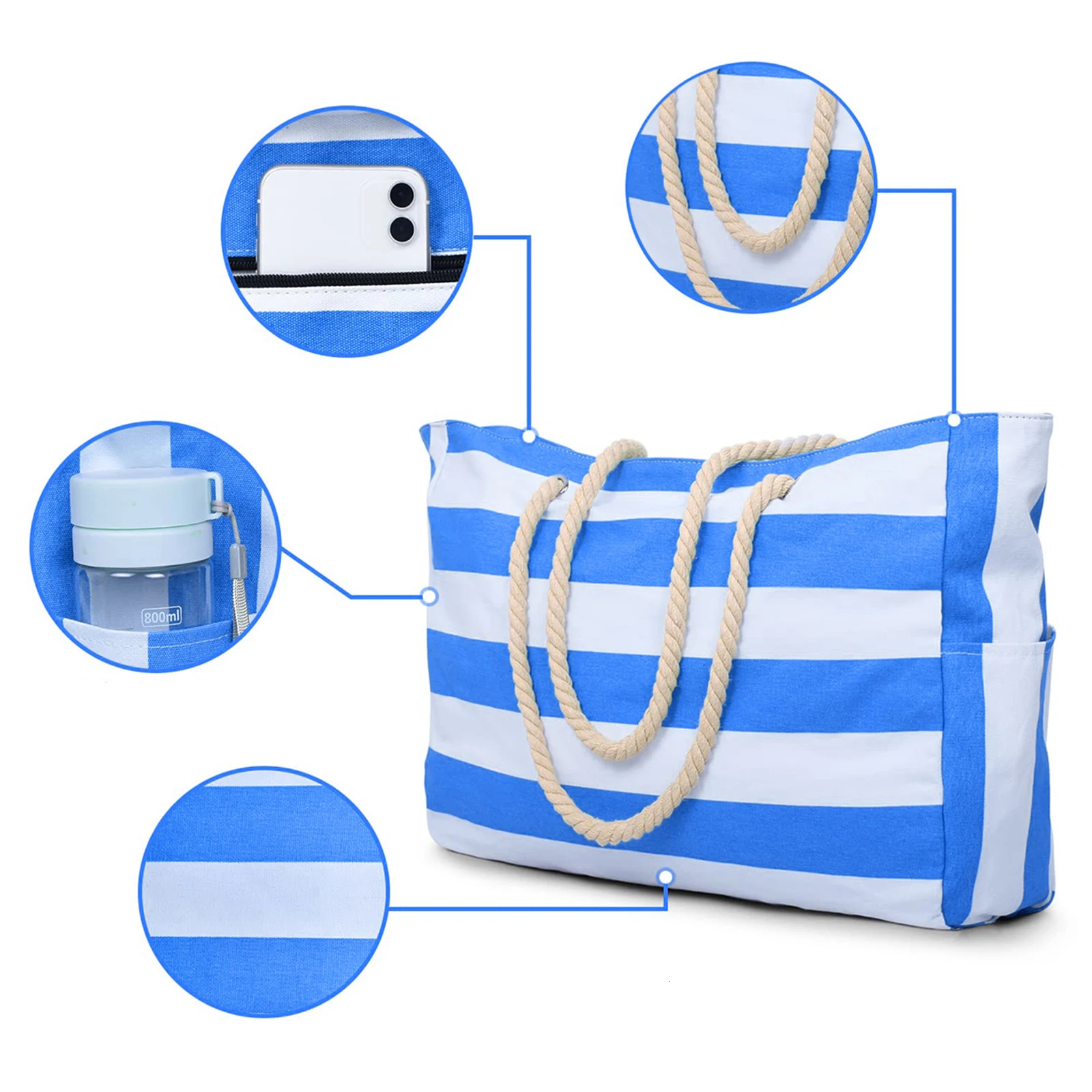 Striped zipper outer bag for outdoor travel and vacation waterproof and sand resistant canvas convenient folding beach bag-zmt 250603