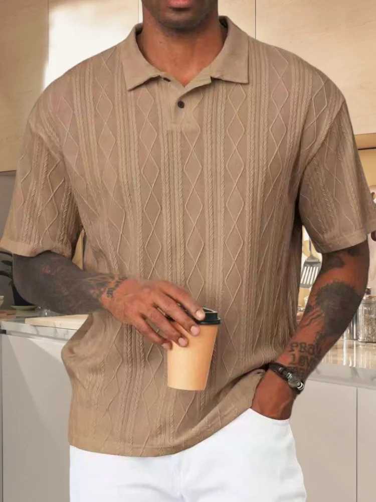 Mens 2025 retro loose texture knitted polo shirt with a lapel breathable high street casual fashion and comfortable short-sleeve T250604