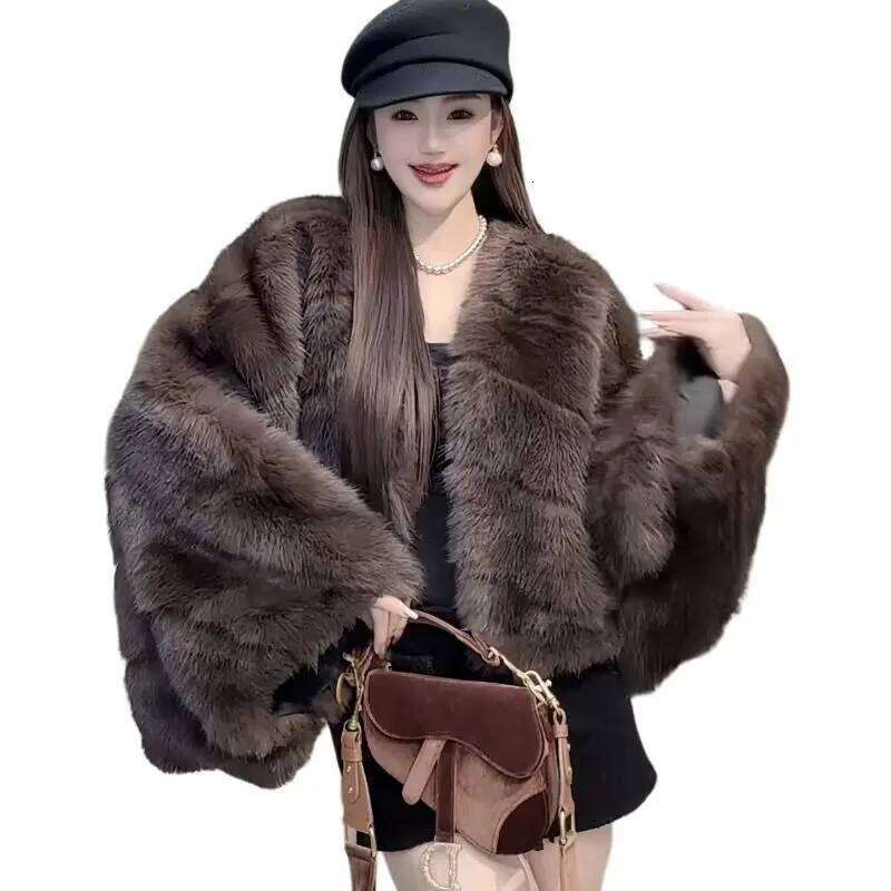 Faux Fur Coat For Women, Covered Button Jacket, Bat Sleeve Outerwear, England Style, Thick Furry, Autumn And Winter, New, 2024