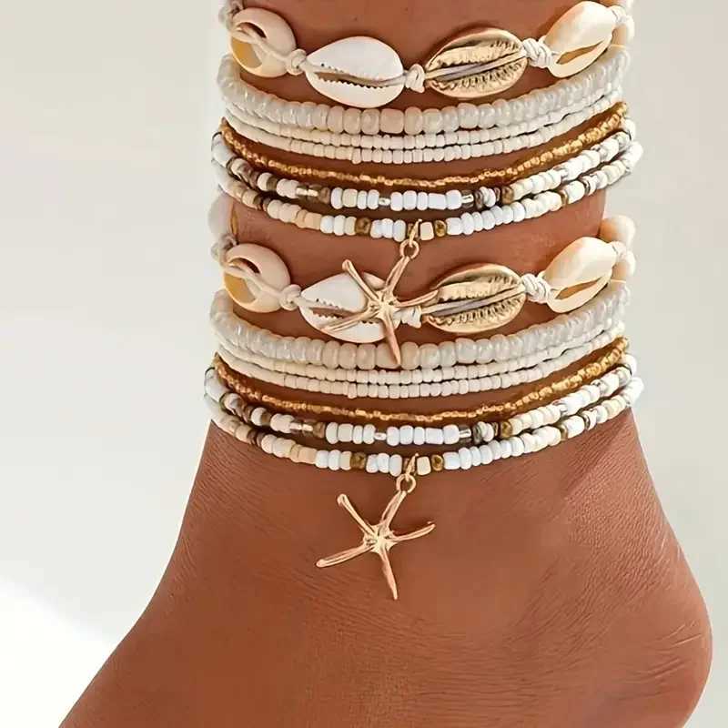 7/14pcs Bohemian Beaded Anklet Set for Women Summer Starfish Shell Charms Multi-Layer Beach Foot Bracelets Daily Wear Jewelry W250604