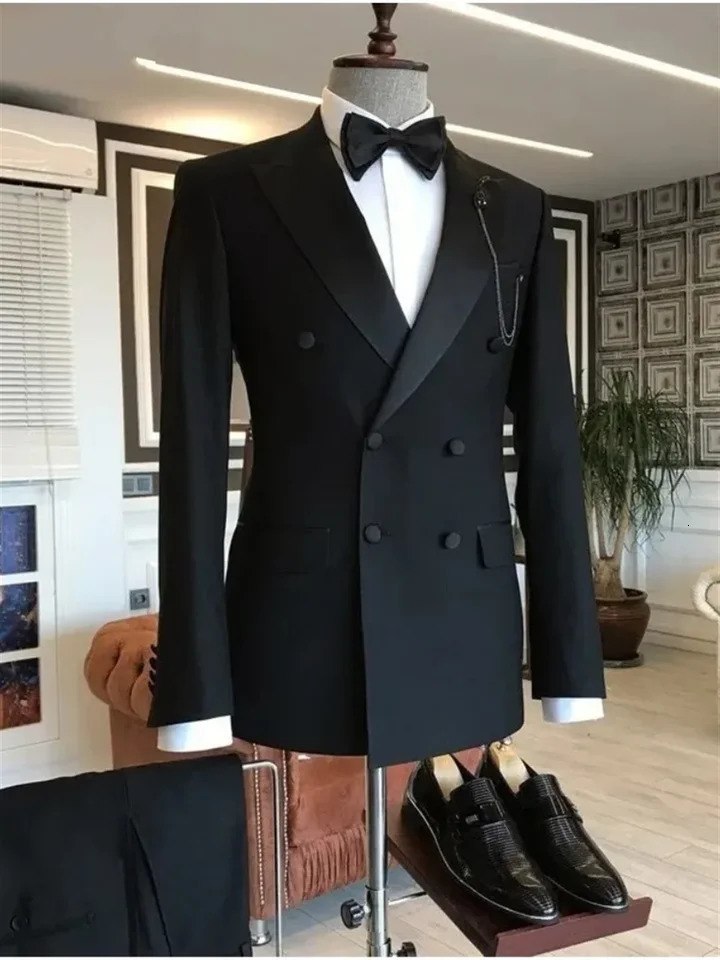 2 Pieces Black Suits for Men ed Lapel Double Breasted Bespoke Blazer Wedding Groom Tuxedos Prom Costume Homme JacketPants 250604Z