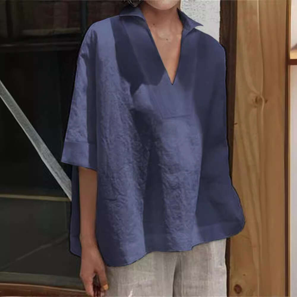Spring Summer V-Neck Cotton Linen Versatile Solid Color Plus Size Loose Mid-Sleeve Women's Shirt B5