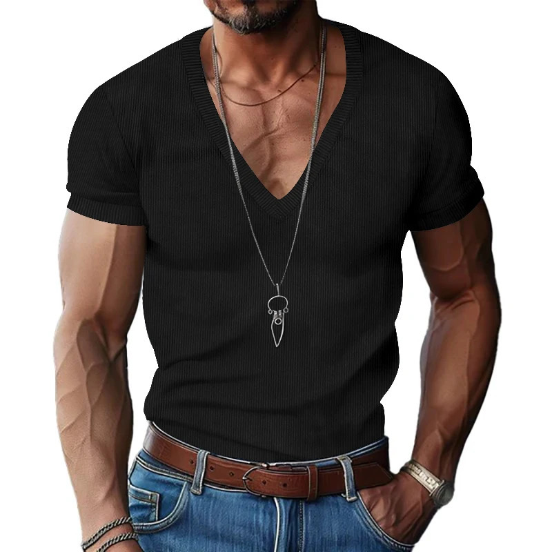 Mens corduroy T European and American summer mens clothing V-neck solid color slim fit casual T-shirt short sleeved top 250604