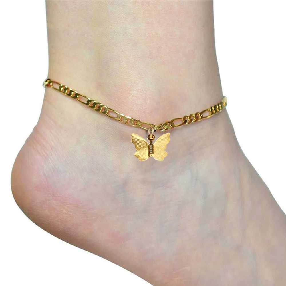 Womens Ankle Bracelet Beach Jewelry Ladies Gold Color Stainless Steel Figaro Chain With Heart Pendant Anklets for Women W250604