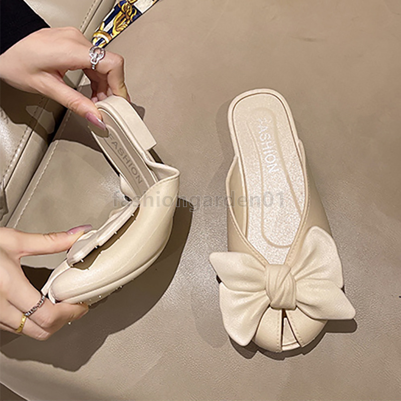 Designer sandals Women slides bow tie half slippers Summer Outdoor Fish Mouth Flat Bottom Sandal Daily Casual French lazy flip-flops Soft leather wome