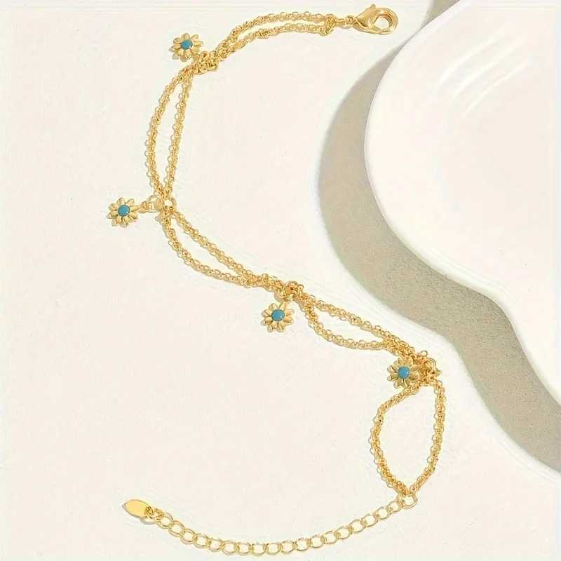 Bohemian Double Layers Sweet Flower Pendant Anklet Women Sparkling Summer Beach Party Gift Jewelry Accessories W250604
