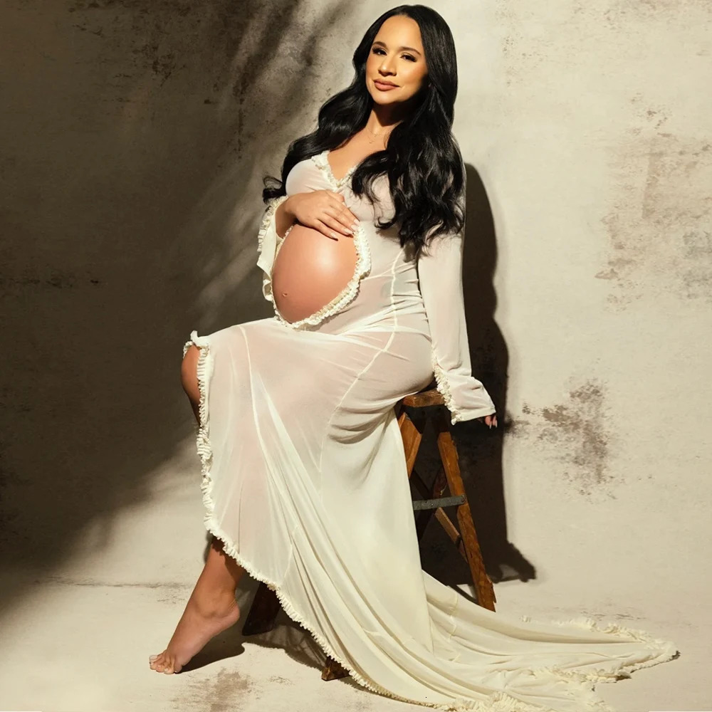 Maternity Sheer Lace Ruffle Ruched Dress Long Sleeve Sexy Slit Belly Gowns Pregnant Dress For Poshoot Simple Baby Shower 250530