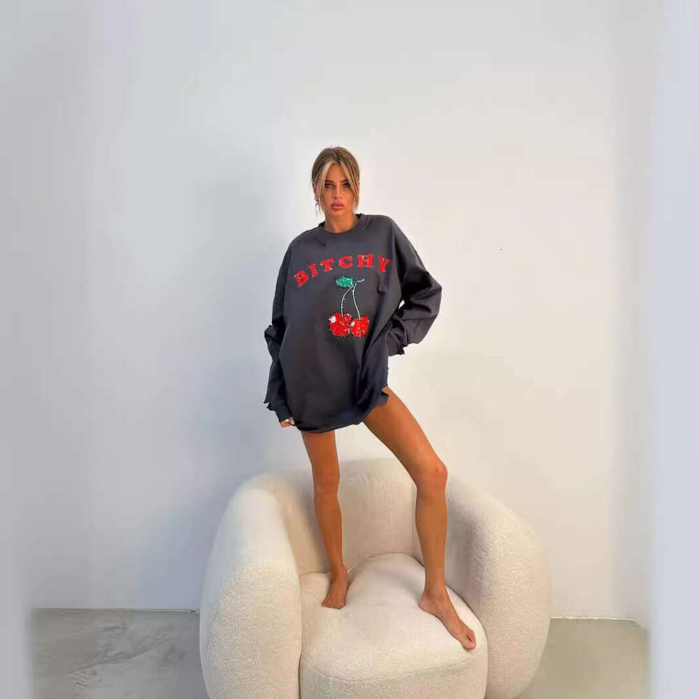 American Style Distressed Cherry Print Crewneck Pullover Sweatshirt For Women, Trendy Loose Fit Long Sleeve Slimming Top B5