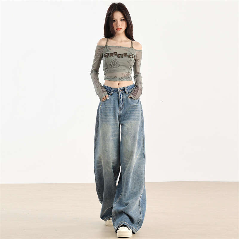 American Style Light Blue Wide-Leg Jeans For Women, Autumn New Design, High Waist, Slimming, Draped, Floor-Length Pants B5