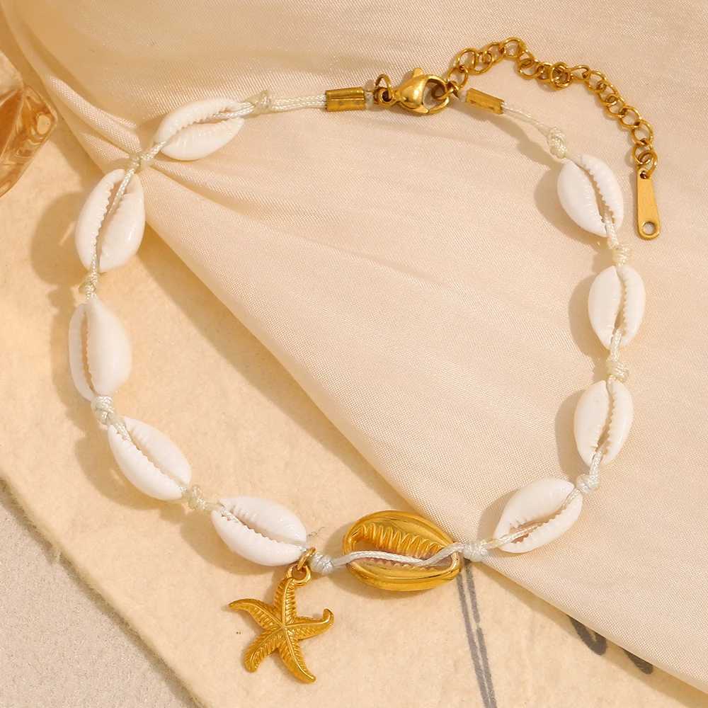 E.B.belle 18K Gold Plated Summer Beach White Shell Starfish Anklet Chain Stainless Steel Hypoallergenic Women Foot Jewelry W250604
