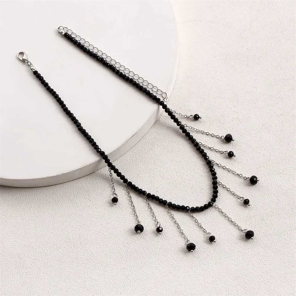 Fashion Vintage Black Bead Chain Silver Plated Metal Tassel Pendant Necklace For Women Female Boho Simple Choker Jewelry GiftXJ250604