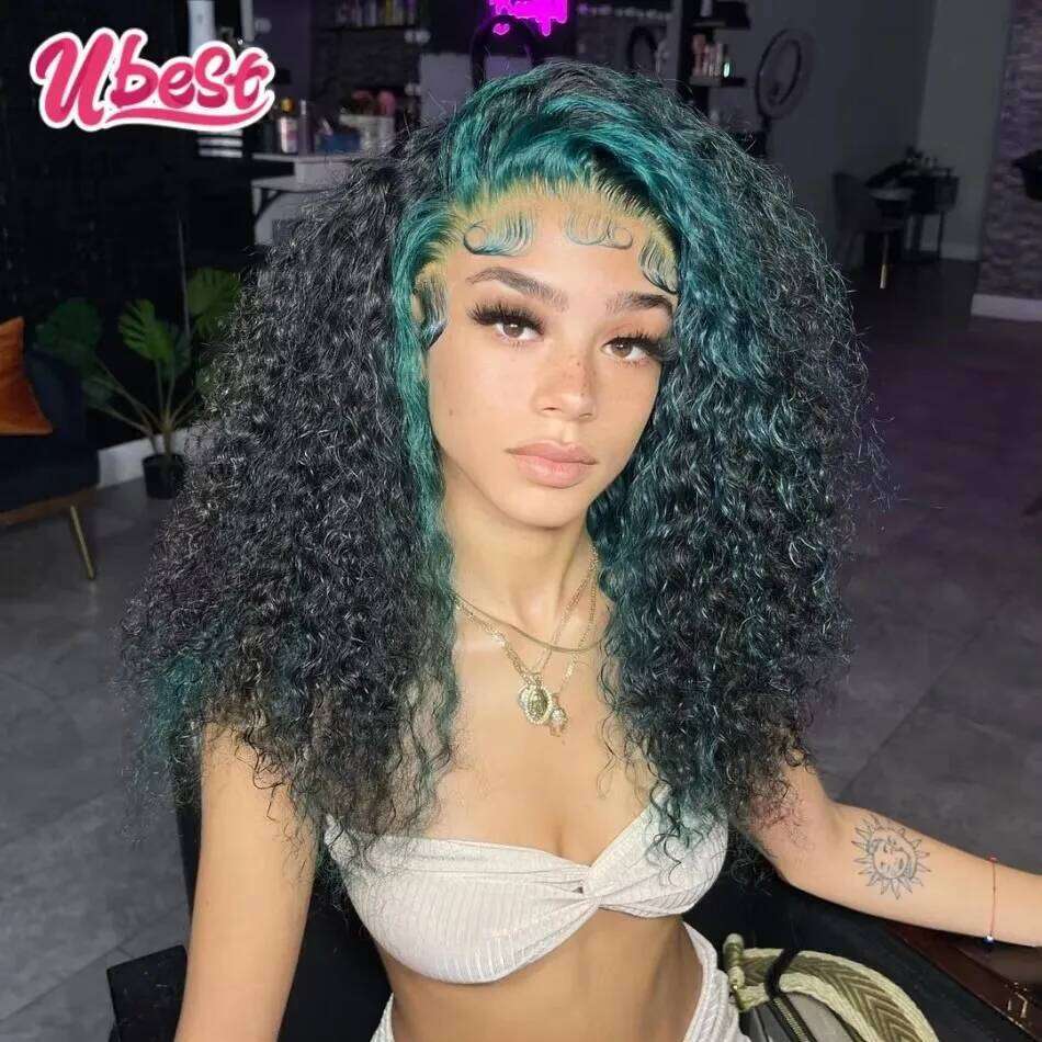 Ubest 13X6 Transparent Front Wigs Curly 100% Human Hair Ombre Dark Green Colored 5X5 Lace Closure Wig Pre Plucked For Women