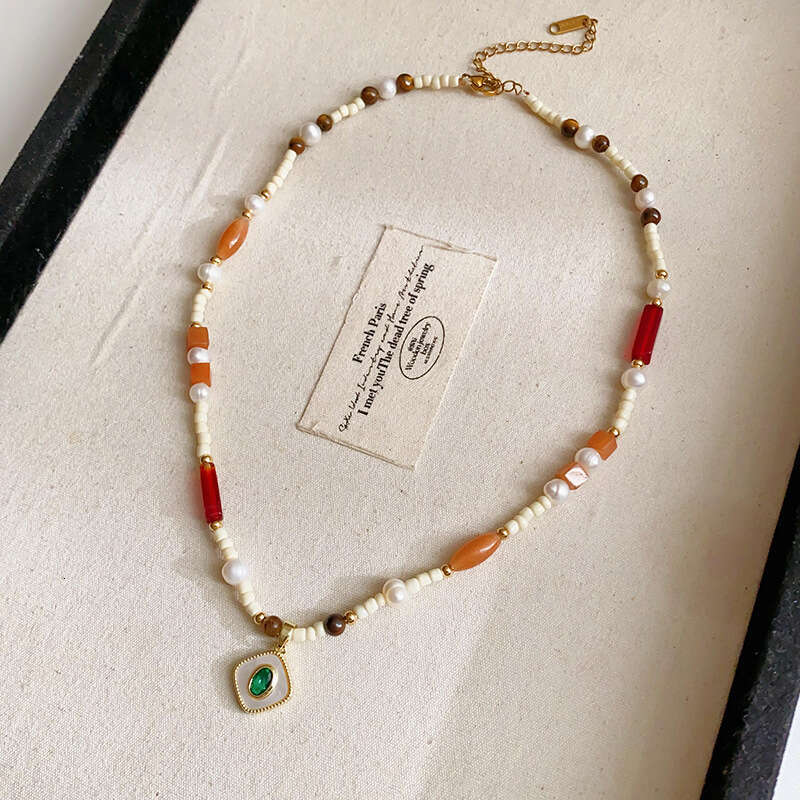 Luxury jewelry designer necklace Real Gold Plated Zircon Square Mother-of-Pearl Pendant Ethnic Style Exquisite Clavicle Chain Fashion Design Necklace