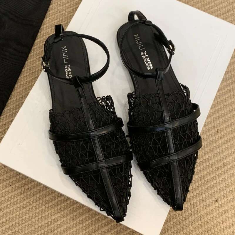 Mesh Hollow Comfort Flat Sandals Women Sexy Pointed Toe Naked Strap Summer Designer Shoe Party Elegant Dress Heels Ladies